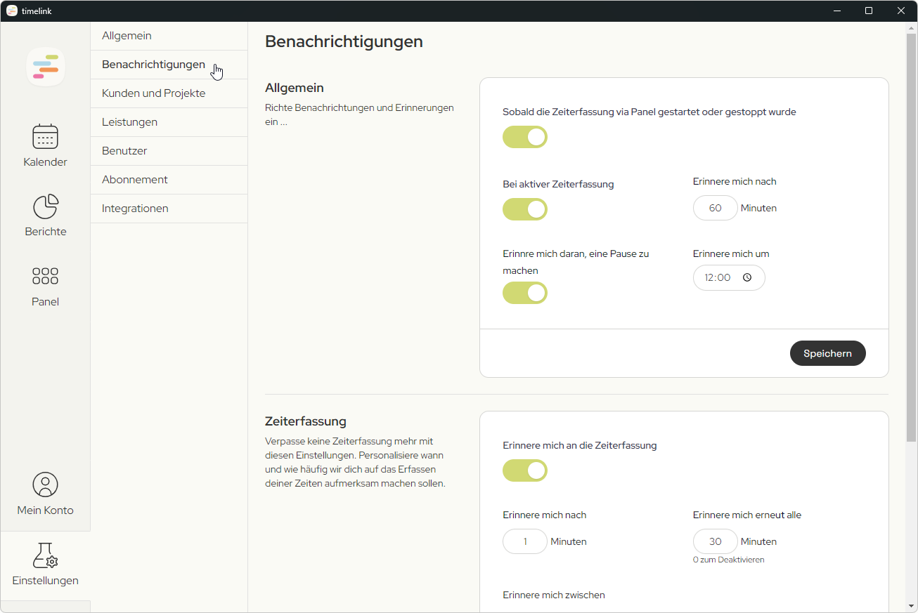 Screenshot der timelink App, der die Individualisierungsmöglichkeiten der Benachrichtigungen in den Einstellungen zeigt.