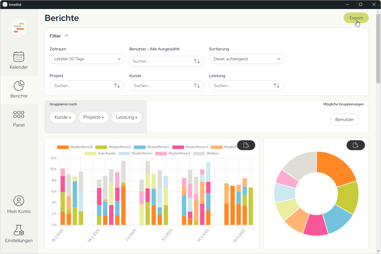 Screenshot der timelink App, der den Berichtsgenerator mit Filtereinstellunge, Gruppierbarkeit und beispielhaften Diagrammen zeigt.