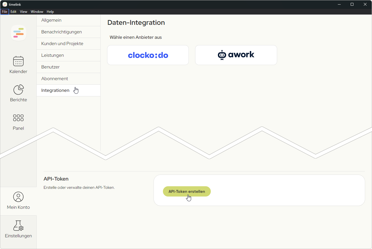 Screenshot der timelink App, der die timelink Integrationen auflistest und die Erstellung eines API-Tokens zeigt.