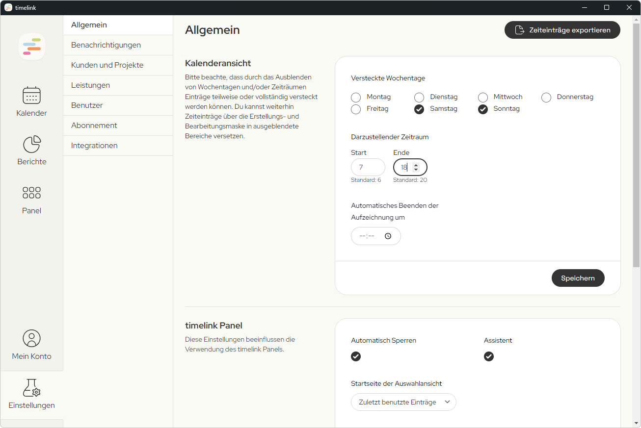 Screenshot der timelink App, der die Einstellungsmöglichkeiten von timelink am Beispiel des Kalenders zeigt.