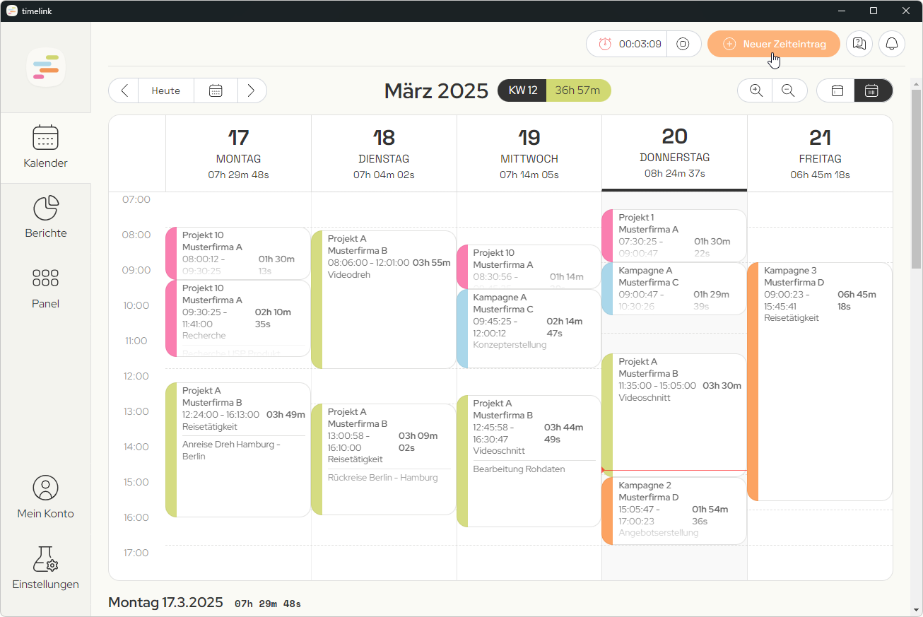 Screenshot der timelink App, der die Kalenderansicht im Wochenmodus und diverse Zeiteinträge zeigt.