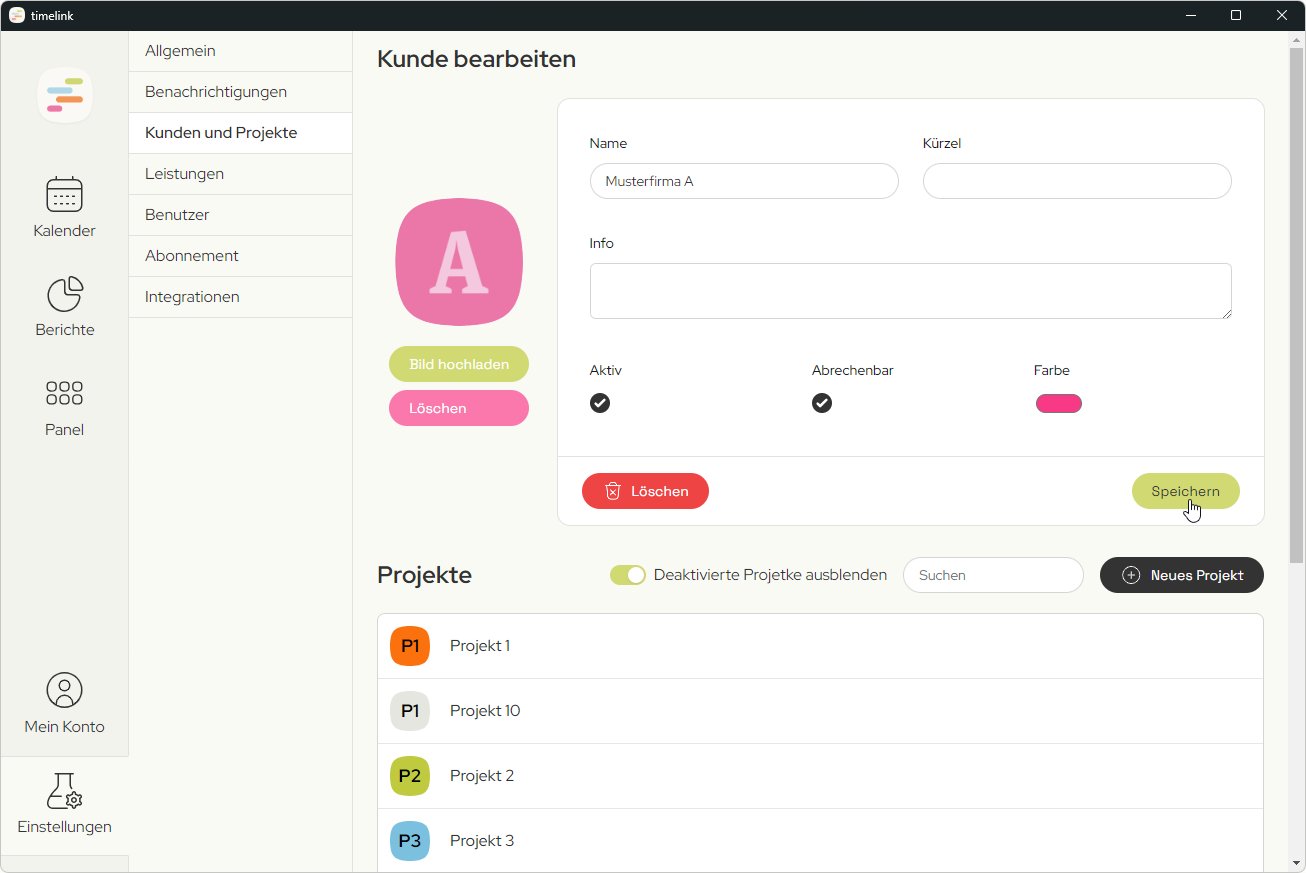Screenshot der timelink App, der die Stammdatenverwaltung am Beispiel: Kunde bearbeiten zeigt.