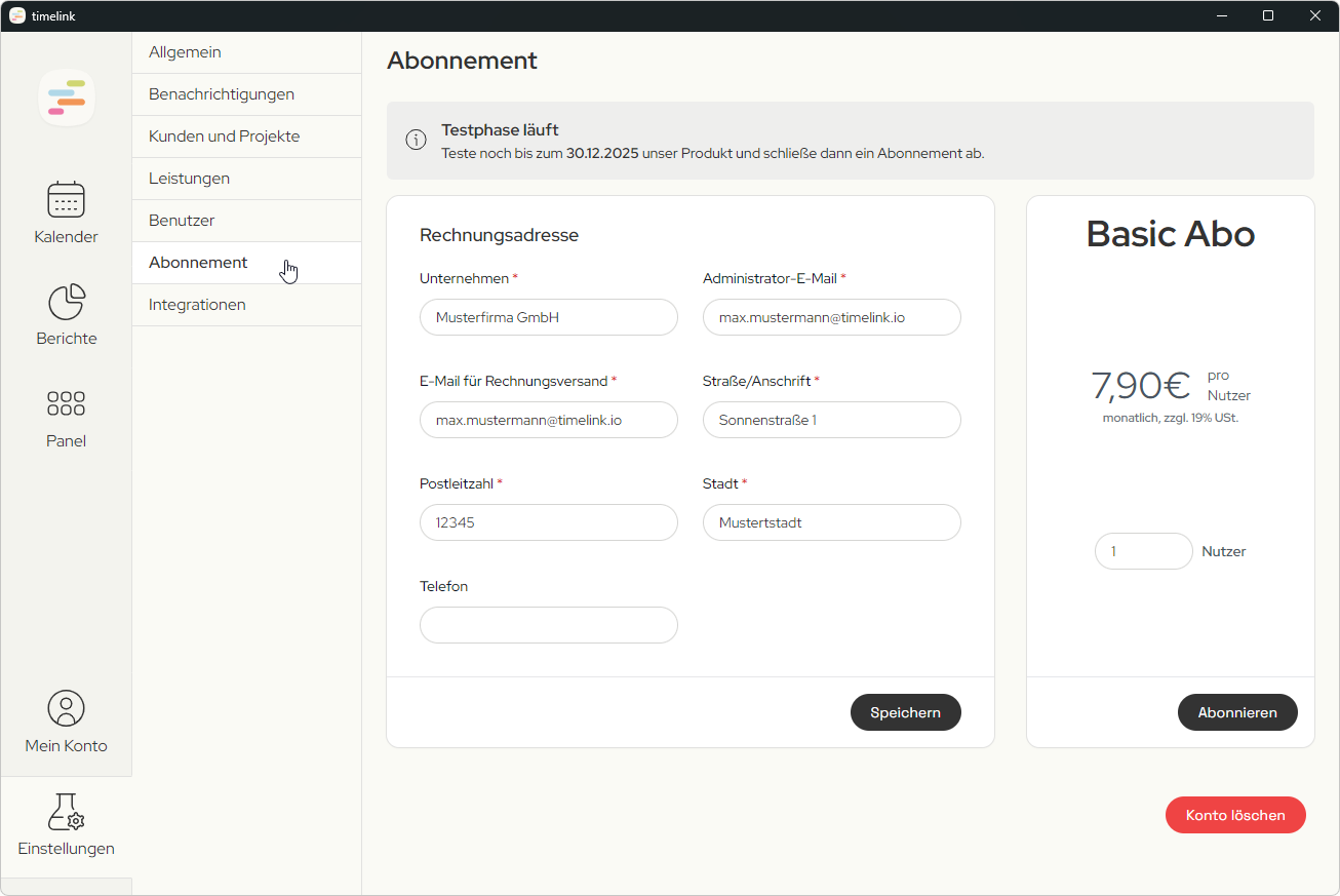 Screenshot der timelink App, der die Abo und Lizenverwaltung zeigt.