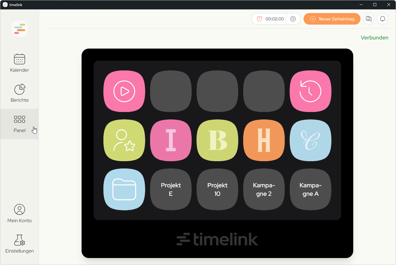 Screenshot der timelink App, der das virtuelle timelink Panel in der App zeigt.
