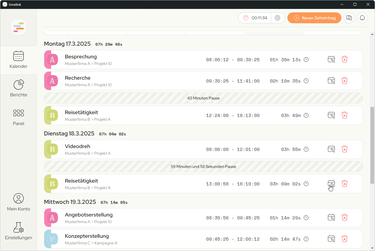 Screenshot der timelink App, der die detaillierte Auflistung von Zeiteinträgen unterhalb der Kalenderansicht zeigt.